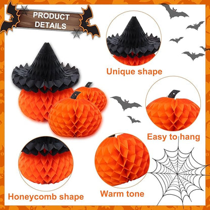 8 Pcs Honeycomb Pumpkin Decorations Halloween Party Set 3 Sizes Tissue Paper Honeycomb Balls for Indoor, Window Spooky Party Haunted House Decor