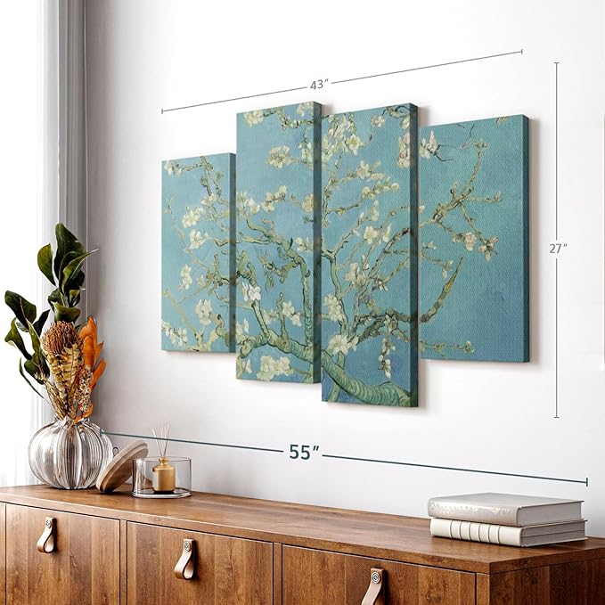 Elephant Stock Almond Blossoms Wall Art - Horizontal Canvas - 4-Piece Living Room Wall Decor - Flower Painting Canvas Print - Blue and Green Decor for Wall by Vincent Van Gogh - 43" X 27"