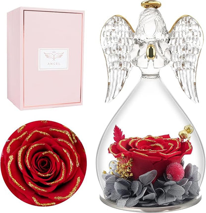 Miofula Preserved Flower Rose Birthday Gifts for Mom, Angel Figurines with Forever Real Rose Gifts for Her Mom Grandma, Angels Gifts for Mothers Day Christmas Anniversary Thanksgiving Birthday Gifts