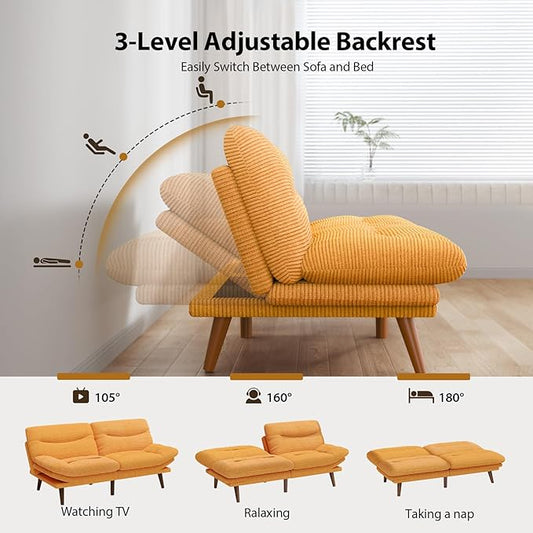 Pipishell Futon Sofa Bed, 66 Inch Corduroy Futon Couch Convertible with Adjustable Backrest and Armrests, Recliner Sleeper Sofa for Small Spaces, Living Room, Office, Guest Room (Yellow, 66 Inch) | Adjustable
