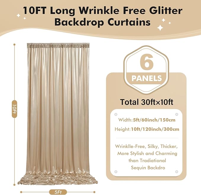 30ftx10ft Shimmer Champagne Sequin Backdrop Curtain for Parties, Wrinkle Free Glitter Sparking Backdrop Drapes Photo Back Drop Cloth for Wedding Birthday Photography Background -6 Panels 5x10ft