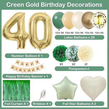 Sage Green 40th Birthday Decorations for Men Gold Number 40 Balloon Nude Gold Happy Birthday Banner Fringe Curtain Paper Pom Poms Olive Green Cream White Sand Star Foil Balloons Party Decor