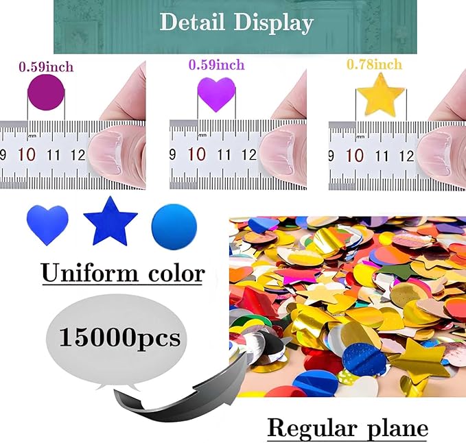 Rainbow Foil Confetti 15000Pcs, containing a mixture of three shapes: circular, heart-shaped,and star shaped Table Confetti for Fill Balloon Wedding Graduation Party Decorations,100g of pack