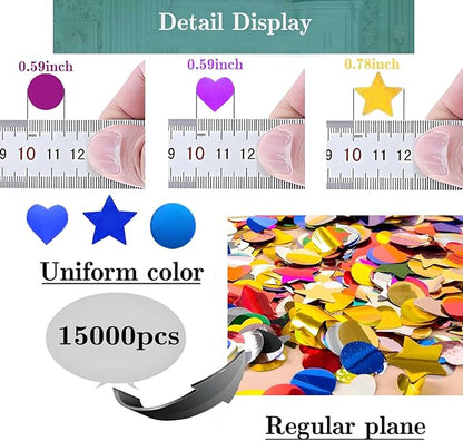 Rainbow Foil Confetti 15000Pcs, containing a mixture of three shapes: circular, heart-shaped,and star shaped Table Confetti for Fill Balloon Wedding Graduation Party Decorations,100g of pack