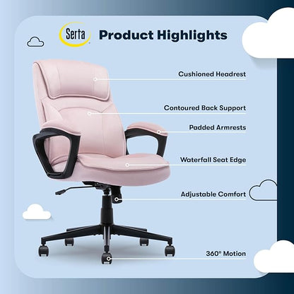Serta Comfort Classic Executive Office Chair, Ergonomic Mid-Back Computer DeskChair with Lumbar Support, Semi-Plush Cushion and Body Pillows, Padded Armrests, Swivel Base, Pink Velvet Fabric