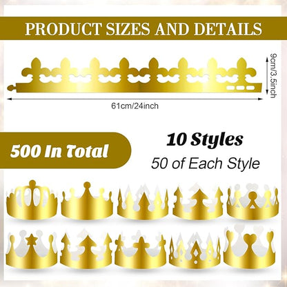 Crtiin 500 Pcs Gold Paper Crowns Birthday Party Bulk for Adults Classroom Students Hat Supplies Favors (Various Style)
