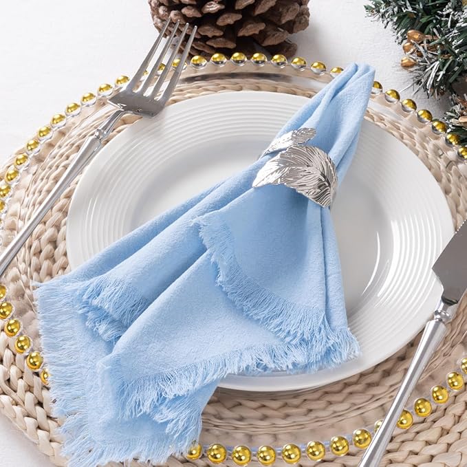 12 Pack Baby Blue Cotton Linen Napkins with Fringe Christmas Cloth Napkins Set of 12 Boho Handmade Holiday Napkins Bulk for Wedding Baby Boy Shower Parties, 17 x 17 Inches