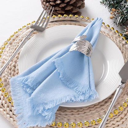 12 Pack Baby Blue Cotton Linen Napkins with Fringe Christmas Cloth Napkins Set of 12 Boho Handmade Holiday Napkins Bulk for Wedding Baby Boy Shower Parties, 17 x 17 Inches