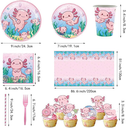 164PCS Pink Cartoon Axolotl Birthday Party Decorations, Tableware Axolotl Party Supplies Plates and Napkins Set, Banner, Hanging Swirls, Tablecloth, Cake Cupcake Topper, Reptile Animals Baby Shower