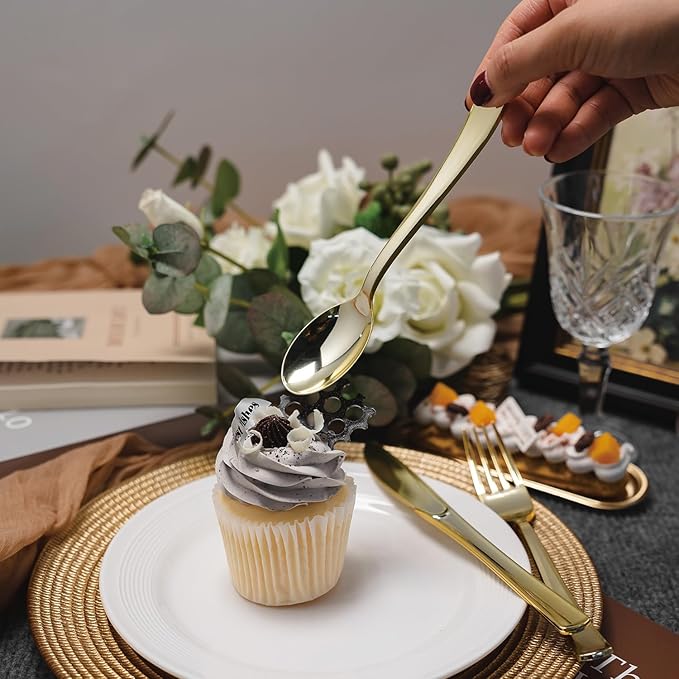 N9R 200PCS Gold Plastic Silverware, Heavy Duty Disposable Cutlery Set for Parties, gold forks and spoons disposable Includes 100 Gold Spoons and 100 Forks for Weddings, Birthday, Dinners