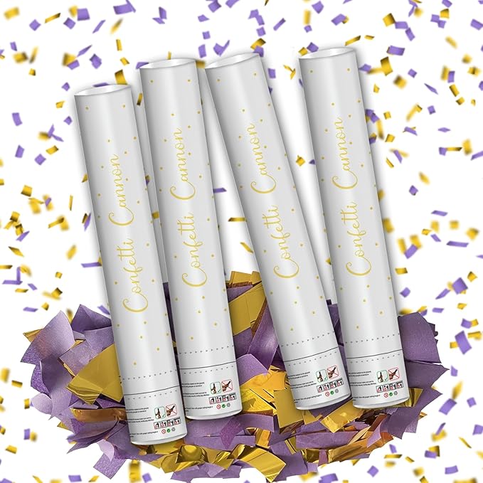 16" Purple & Gold Confetti Cannons - Party Poppers for Birthday Graduation Wedding Celebrations - Easy to Use - Pack of 4