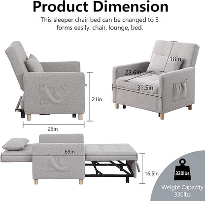 Sleeper Chair,Convertible Sleeper Sofa Chair,Pull Out Sleeper Chair with Adjustable Backrest,Multi-Functiona Lounge Chair for Living Room(Light Grey)