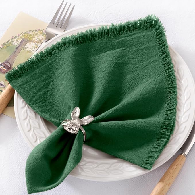 12 Pack Dark Green Cotton Linen Napkins with Fringe Christmas Green Cloth Napkins Set of 12 Boho Handmade Holiday Napkins Bulk for Wedding Baby Shower Christmas, 17 x 17 Inches