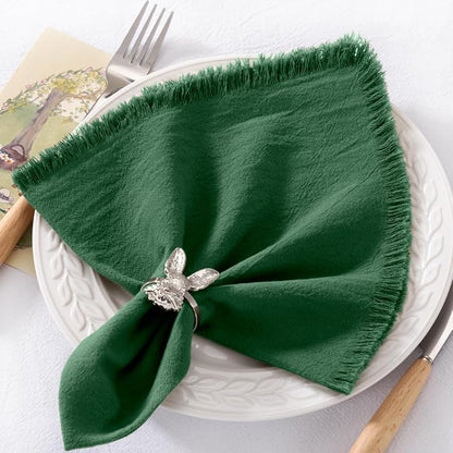 12 Pack Dark Green Cotton Linen Napkins with Fringe Christmas Green Cloth Napkins Set of 12 Boho Handmade Holiday Napkins Bulk for Wedding Baby Shower Christmas, 17 x 17 Inches