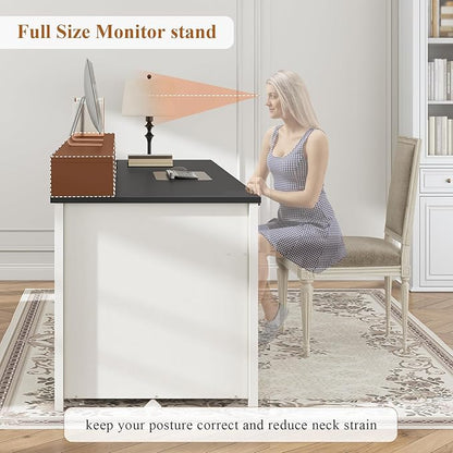 SEDETA Farmhouse 63" Executive Desk, Home Office Desk with File Drawer and Monitor Stand, Computer Desk with Drawers and Storage Cabinet, Wood Desk for Work Study Writing, White