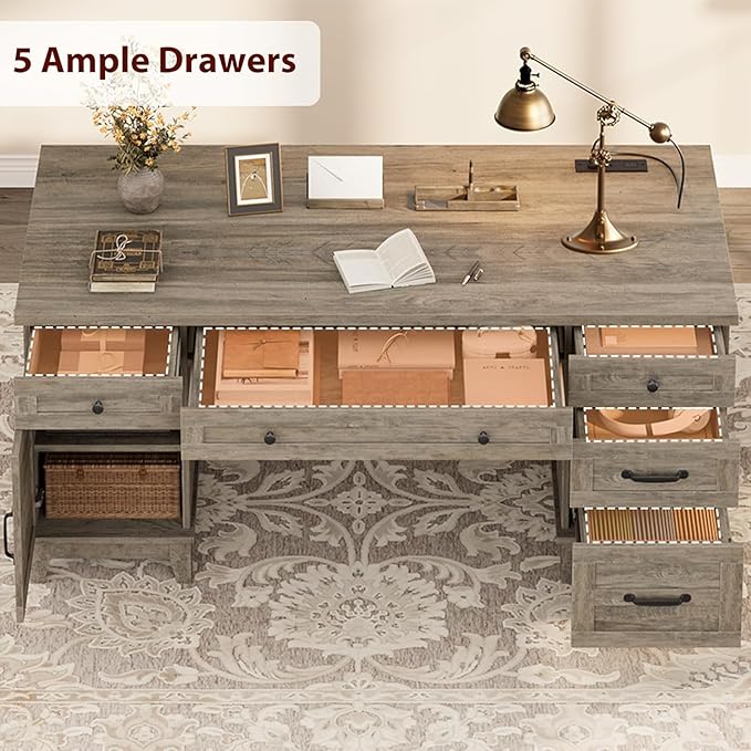 60 Inch Farmhouse Executive Desk with File Drawers for Home Office, Large Computer Desk with Storage Cabinet & Charging Station, Wooden Writing Table with Power Outlets & USB Ports for Work Study