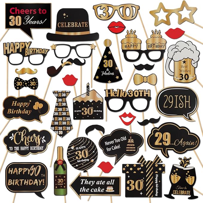 LINGTEER Happy 30th Birthday Party Photo Booth Props,Cheers to 30th Birthday Thirty Years Old Bday Party Centerpieces Props Decorations Sign.