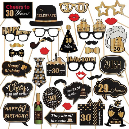 LINGTEER Happy 30th Birthday Party Photo Booth Props,Cheers to 30th Birthday Thirty Years Old Bday Party Centerpieces Props Decorations Sign.