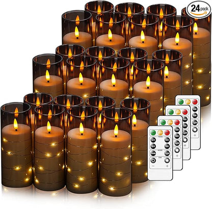 Flickering Flameless LED Candles,Battery Operated Candles 24 Pcs with Embedded Star String,Acrylic LED Pillar Candles with Remote,Suitable for Home Decoration to Create an Atmosphere (Grey)