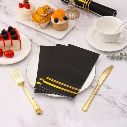 100 Pcs Black and Gold Napkins - Black Paper Napkins Disposable - 3-Ply Premium Quality Black Dinner Napkins for Birthday Kitchen Wedding Anniversary New Year Party