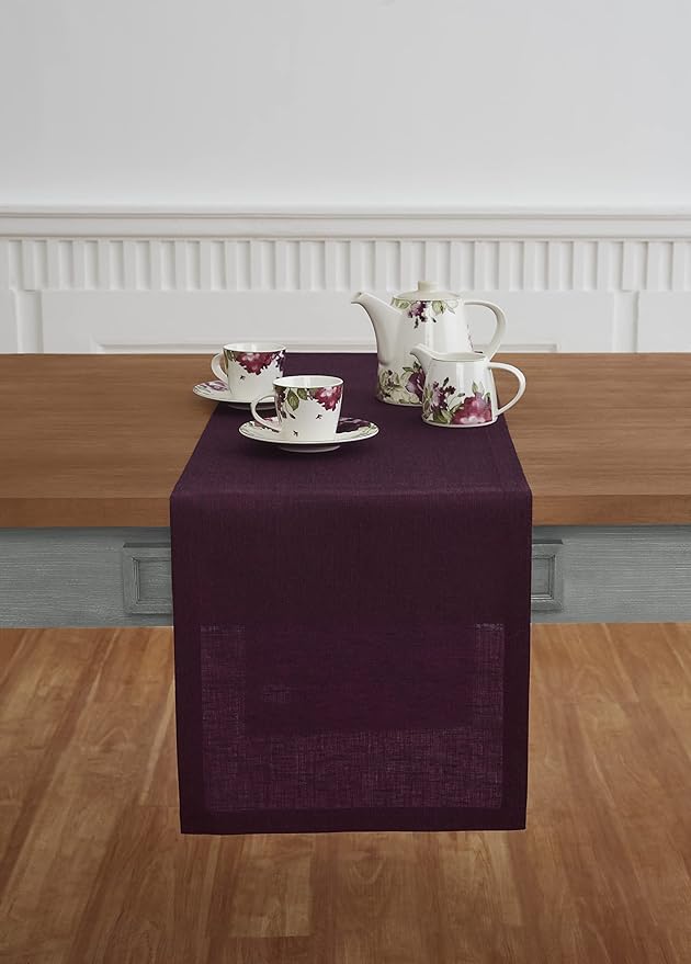 Solino Home Linen Chambray Burgundy Table Runner 132 Inches Long - Athena, 100% Pure Linen 14 x 132 Inch Table Runner for Fall, Autumn, Christmas, New Year