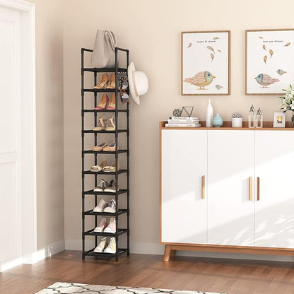 LANTEFUL Tall Narrow Shoe Rack for Entryway, 10-Tier Sturdy Metal Shoe Shelf Storage 10-15 Pairs of Shoes and Boots, Space Saving Corner Shoe Rack Organizer for Closet,Doorway,Garage,Living Room