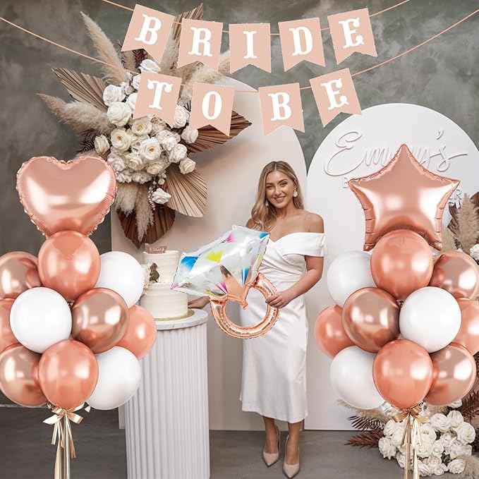 Bridal Shower Decorations Rose Gold Bridal To Be Balloon Set with Star Heart Diamond Ring Foil Balloons Bunting Banner Heart Paper Garland Rose Gold White Bachelorette Marriage Engagement Party Women