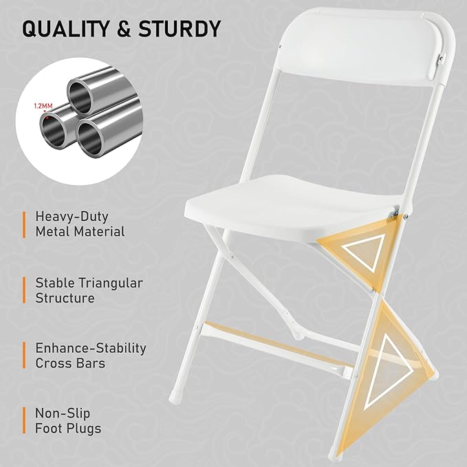 SEALAMB Plastic Folding Chairs 16 Pack, White Commercial Portable Indoor/Outdoor Chairs for Home Office, Wedding, Events Parties with Steel Frame, 350lbs Capacity (White-Plastic, 16 Pack)