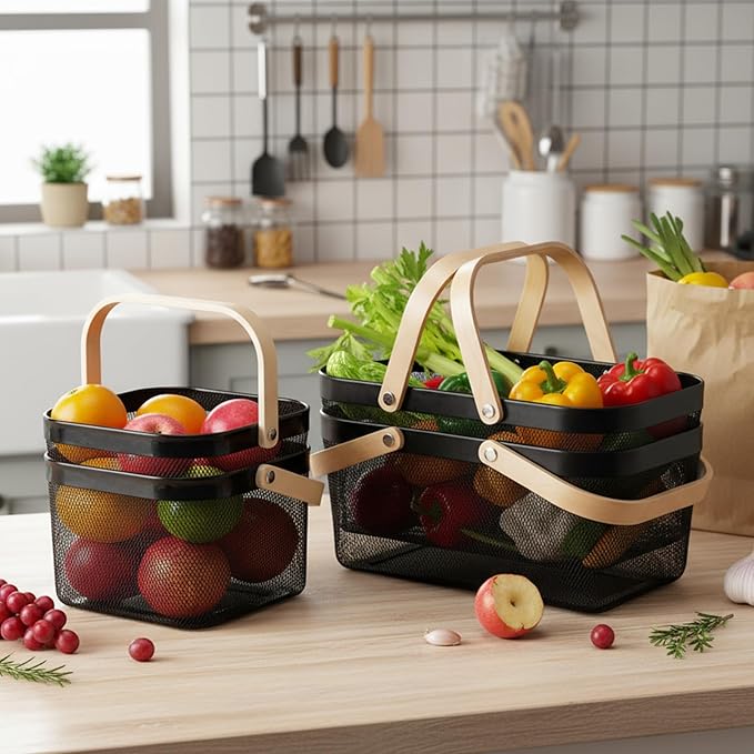 Zonon 4 Pack Picnic Harvest Baskets, 2 Size Metal Mesh Harvest Storage Basket with Foldable Wooden Handle, Rectangle Durable Vegetables Fruit Basket for Garden Bathroom Kitchen Organizing, Black