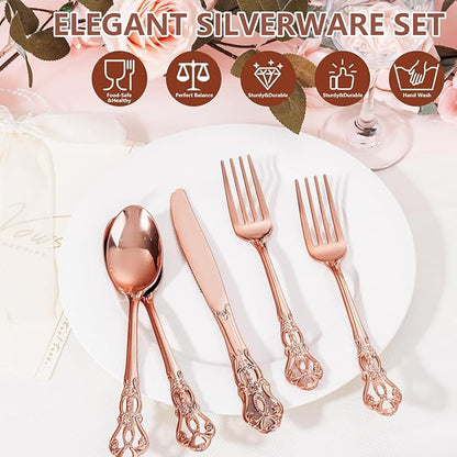 90 Pieces Rose Gold Plastic Silverware - Heavy Duty Disposable Utensils - Fancy Gold Plastic Cutlery Set Includes 30 Forks, 30 Spoons, 30 Knives for Dinner Parties Weddings