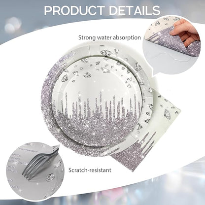 96pcs Disposable Glitter Diamonds Tableware Set Silver Paper Plates Round for 24 Guests Party Table Supplies Kids Birthday Party Picnic Wedding (Include Plates, Forks and Napkins)