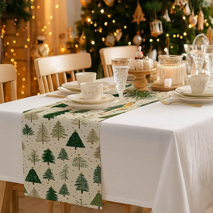 Christmas Tree Table Runner 13x72 Inch Winter Forest Burlap Farmhouse Dining Table Decoration Green Pine Trees Holiday Tablecloth for Kitchen Dining Room Indoor Outdoor Party Home Decor
