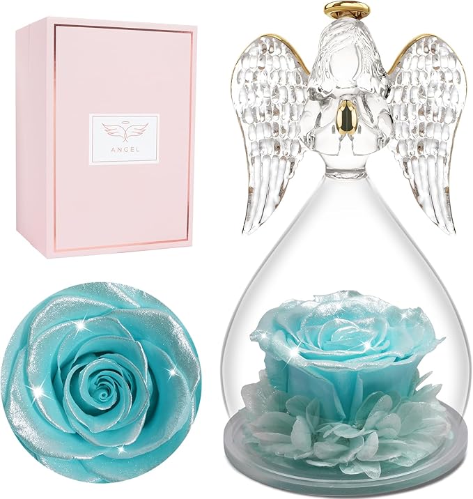 Miofula Preserved Flower Rose Birthday Gifts for Mom, Angels Figurines with Forever Real Rose Gifts for Women Mom Grandma, Angels Gifts for Valentines Anniversary Mothers Day(Pearlescent Sky Blue)