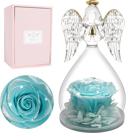 Miofula Preserved Flower Rose Birthday Gifts for Mom, Angels Figurines with Forever Real Rose Gifts for Women Mom Grandma, Angels Gifts for Valentines Anniversary Mothers Day(Pearlescent Sky Blue)