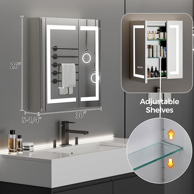 LED Bathroom Mirror 30 * 26 Stepless Dimmable Wall Mirrors with Anti-Fog, Shatter-Proof, Memory, 3 Colors, Memory Function, Water Proof, Decor Vanity Mirror