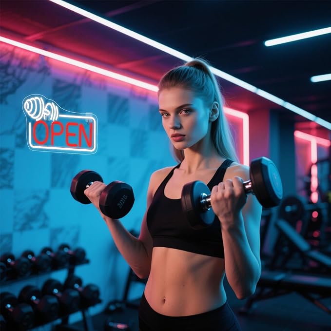 Lucunstar Barbell Open Neon Sign Dimmable USB Led for Gym Decor Red Barbell Neon Open Sign for Business Neon Lights Fitness Club Sign Gym Fitness Studio Decoration