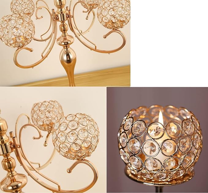 Gold Centerpiece for Table, 25.6in Candle Holder for Table Centerpieces, 5Arms Tall Crystal Candelabra Candle Holder, Candelabra Centerpieces for Table Wedding Christmas Party Event
