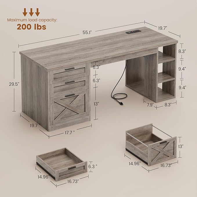 SEDETA 55.1" Executive Computer Desk with 3 Drawers, Farmhouse Office Desk with File Drawer & Storage Shelves, Executive Desk with Power Outlet for Home Office, Grey