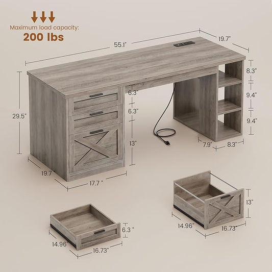 SEDETA 55.1" Executive Computer Desk with 3 Drawers, Farmhouse Office Desk with File Drawer & Storage Shelves, Executive Desk with Power Outlet for Home Office, Grey