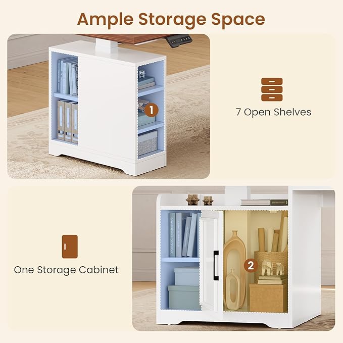 SEDETA Farmhouse L Shaped Electric Standing Desk, 63" x 67" Height Adjustable Home Office Executive Desk with Drawers and Shelves, Standing Computer Desks with Power Outlet for Home Office, White