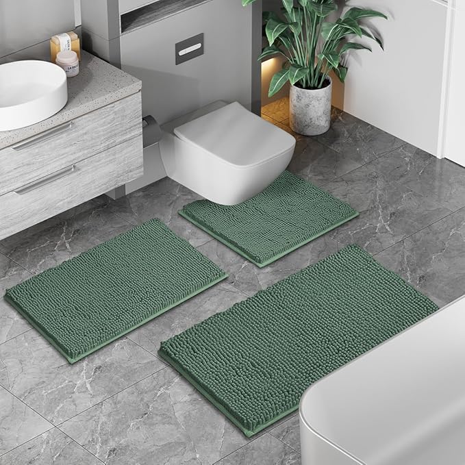 RUN HELIX Dark Green Bath Rugs Set 3 Piece Bathroom Rug Non-Slip Bath Mats, Absorbent Shaggy Rugs, Machine Wash, Perfect Plush Bathroom Mats