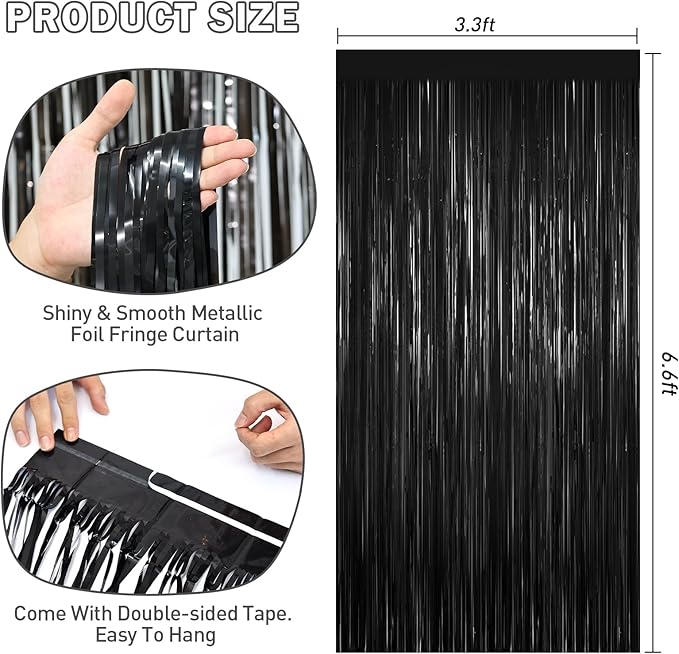 Black Tinsel Backdrop Foil Fringe Curtains - 2 Packs Door Streamers Backdrop for Birthday Door Decorations, Party Supplies for Bachelorette, Graduation, Christmas, Disco Decor