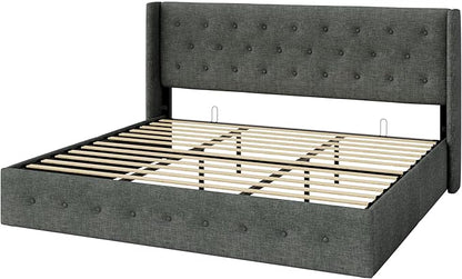 Allewie King Size Lift Up Storage Bed, Button Tufted Headboard with Wingback, Hydraulic Support, No Box Spring Needed, Dark Grey