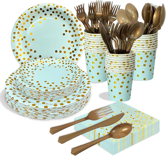 175 Pcs Blue and Gold Paper Plates and Napkins Set, Disposable Dinnerware for 25 Guests for Birthday Wedding Baby Shower