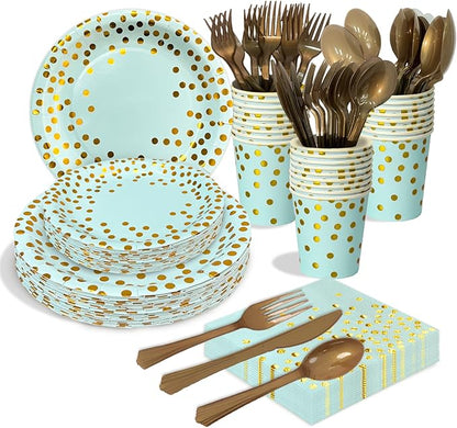 175 Pcs Blue and Gold Paper Plates and Napkins Set, Disposable Dinnerware for 25 Guests for Birthday Wedding Baby Shower