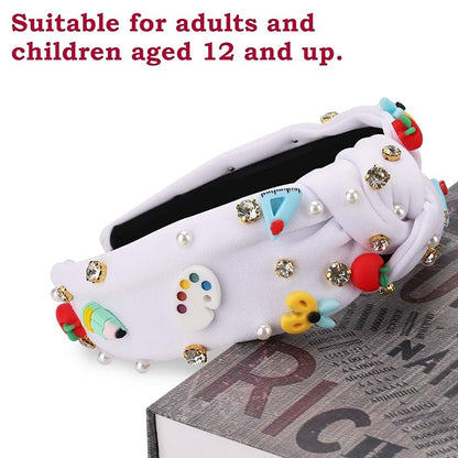 Teacher Appreciation Gifts for Women, Headband for Women, Pearl Rhinestone Back to School Headband for Girls, Jeweled Top Knot Embellished Hairband, Teacher Hair Accessories Outfits (White)