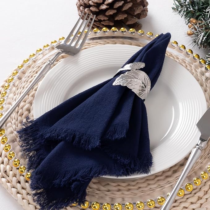 12 Pack Navy Blue Cotton Linen Napkins with Fringe Christmas Cloth Napkins Set of 12 Boho Handmade Holiday Napkins Bulk for Wedding Baby Shower Xmas Dinner Table Parties, 17 x 17 Inches