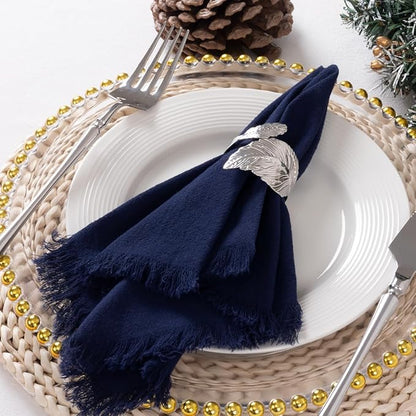 12 Pack Navy Blue Cotton Linen Napkins with Fringe Christmas Cloth Napkins Set of 12 Boho Handmade Holiday Napkins Bulk for Wedding Baby Shower Xmas Dinner Table Parties, 17 x 17 Inches