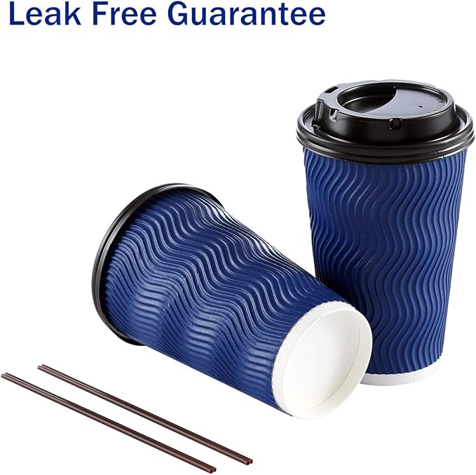 Disposable Coffee Cups with Lids and Straws - 16 oz (90 Set) Togo Hot Paper Coffee Cup with Lid To Go for Hot/Cold Beverages Espresso Tea Insulated Reusable Cold Drinks Ripple Cups Protect Fingers!