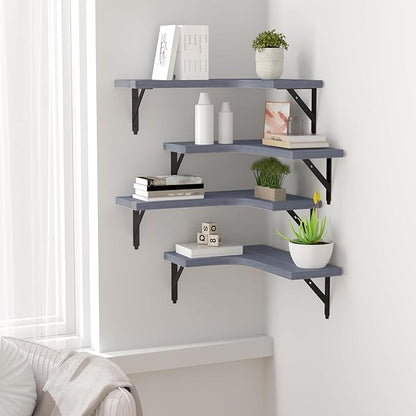 Corner Floating Shelves Wall Mounted Set of 4, Rustic Wood Storage Display Wall Shelves for Home Decor, Bathroom, Kitchen, Bedroom, Living Room, Office (Grey)